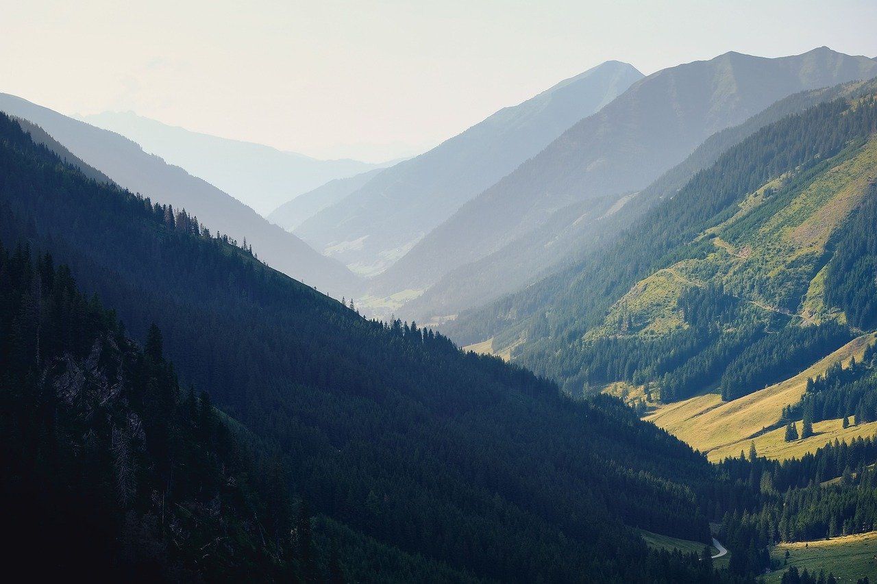 mountains, valley, evening